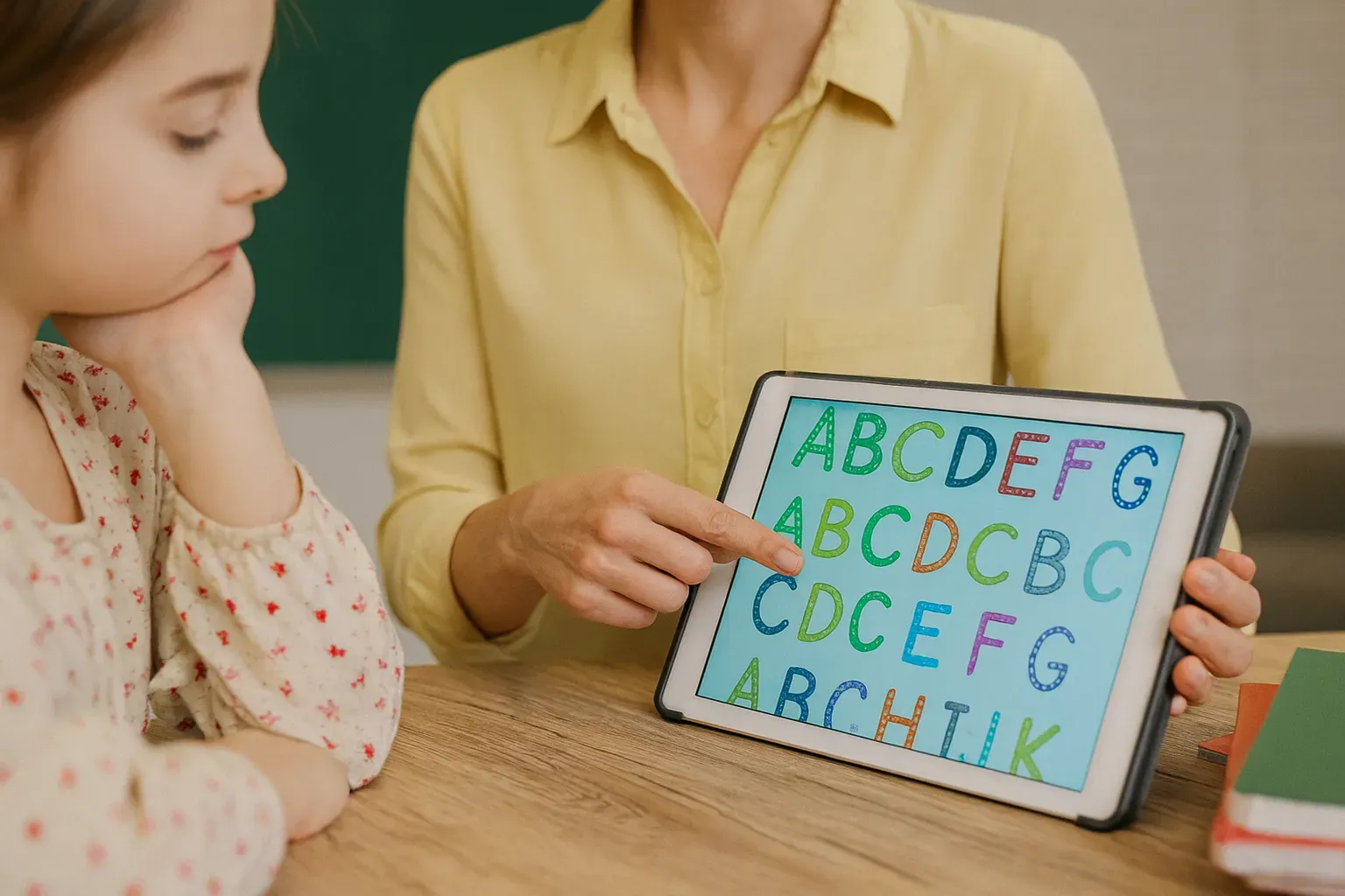Professora ensinando as primeiras letras para aluna