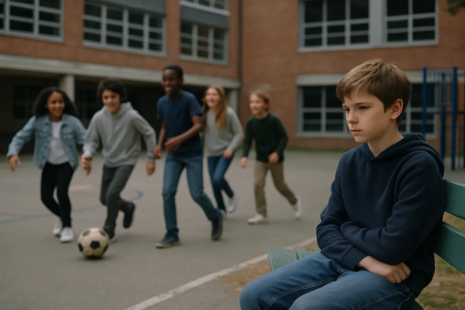Aluno isolado no recreio de uma escola