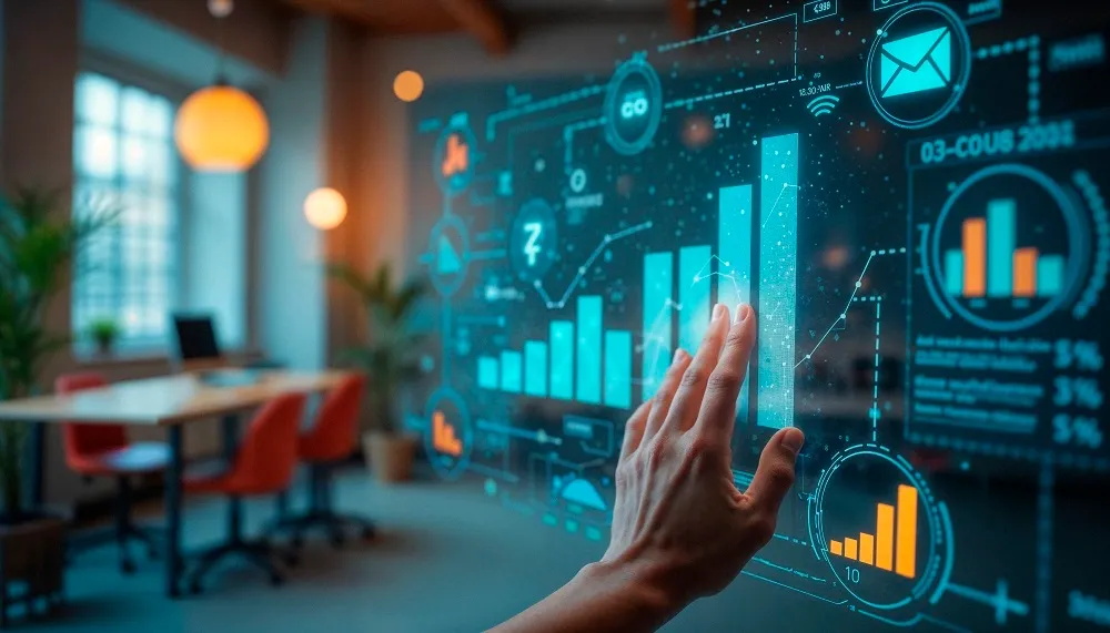 Pessoa interagindo com dashboard flutuante