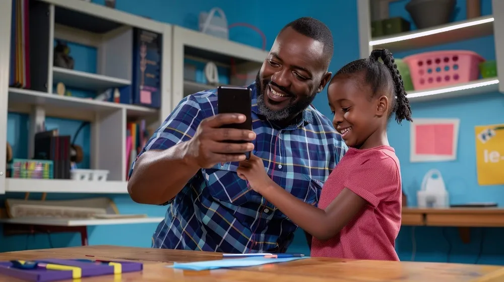 Pai usando celular com a filha