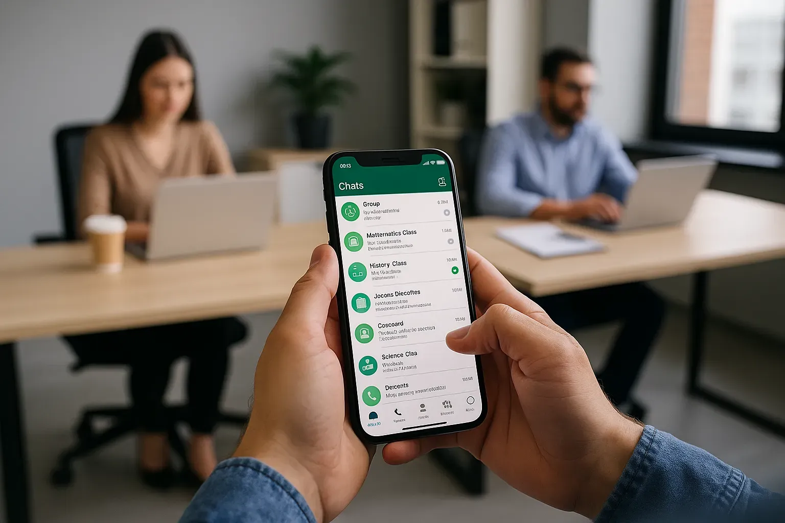 Mão usando whatsapp em escritório