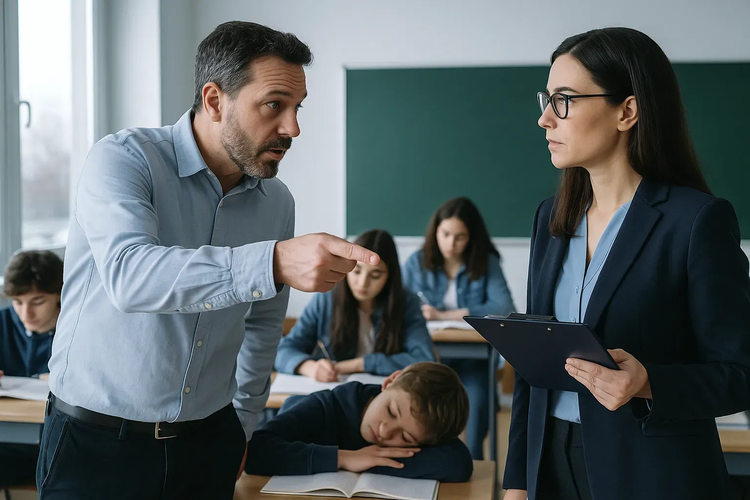 Professor conversando com gestora escolar em sala