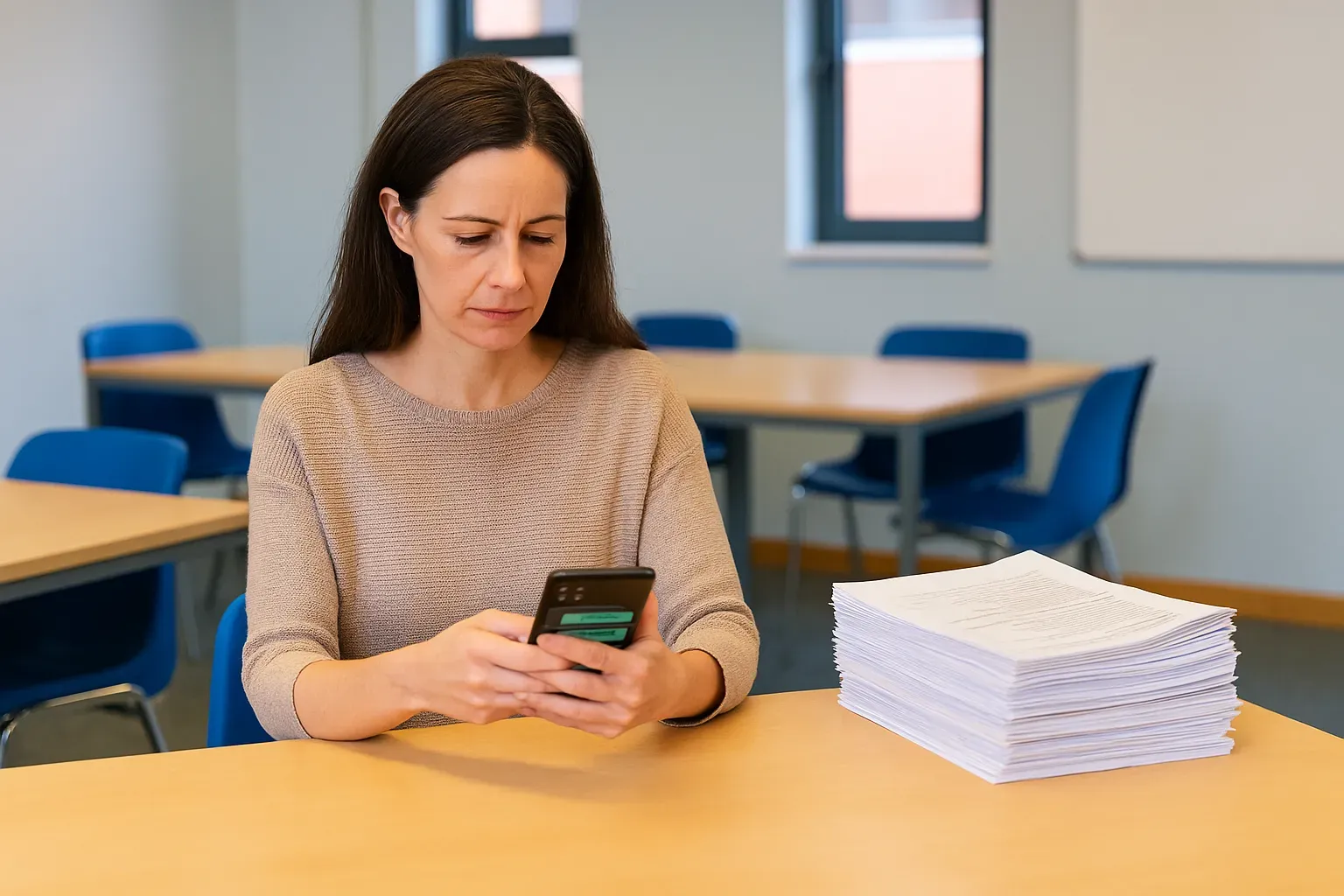 Professora usando WhatsApp com provas a corrigir ao lado.