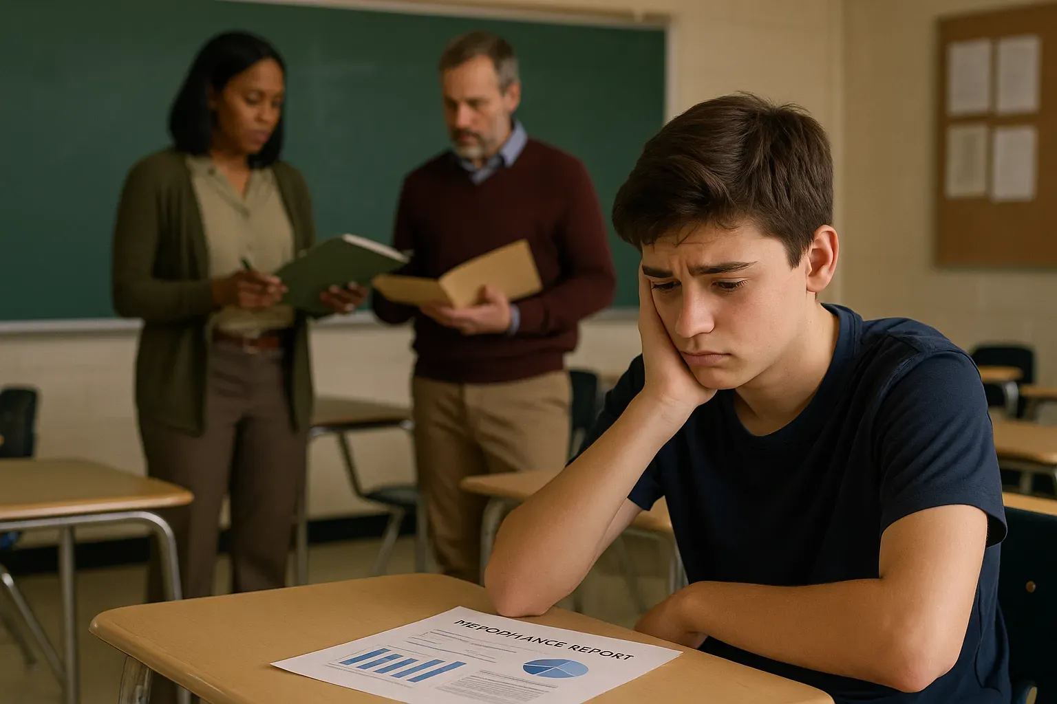 Aluno de recuperação com expressão triste em sala de aula