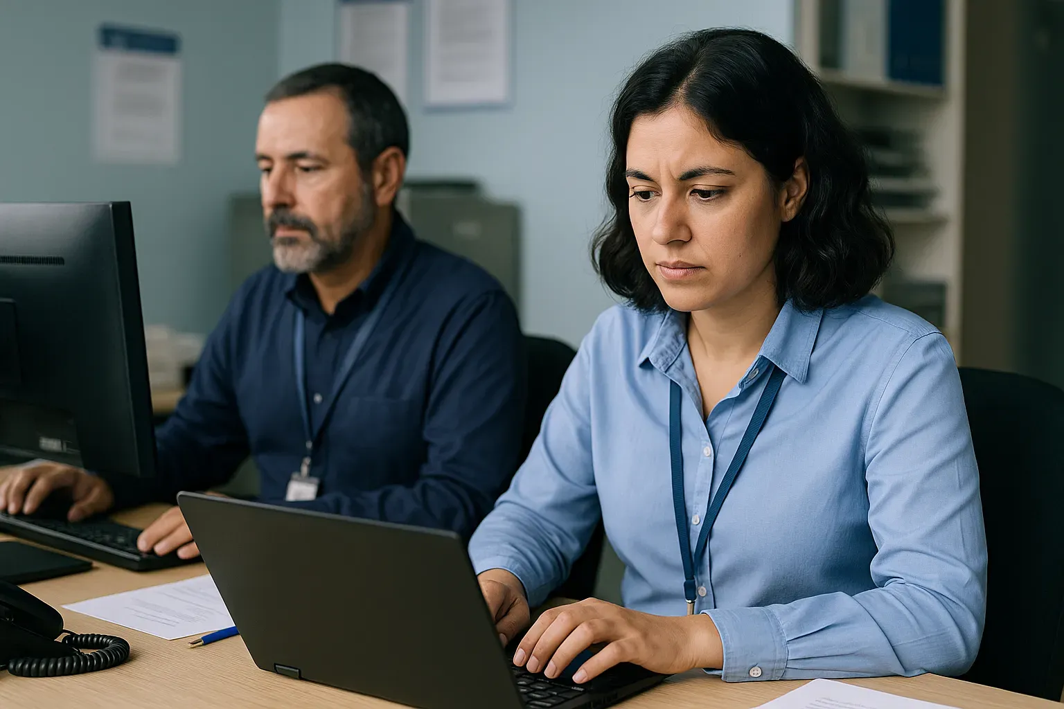 Secretária trabalhando com notebook e colega ao lado
