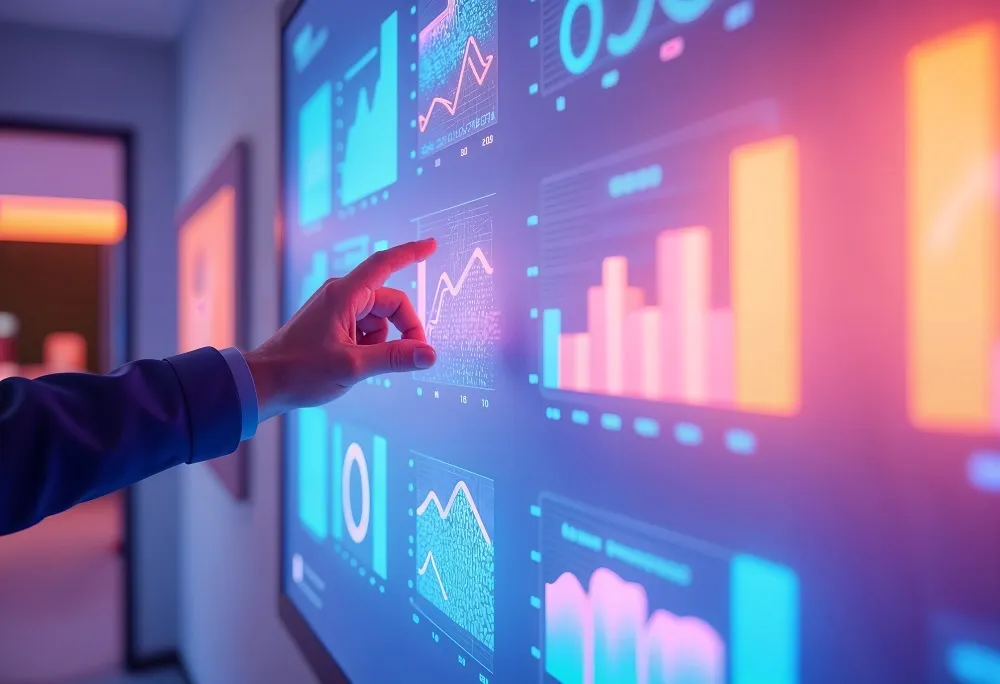 Mão apontando para indicadores de KPIs em uma tela